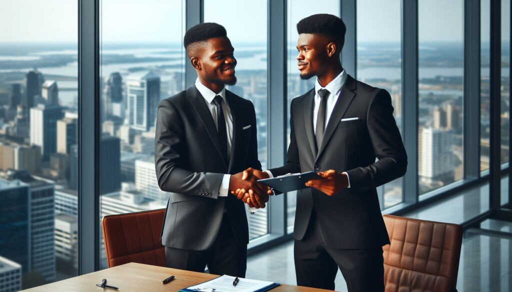 two african young men standing and shaking hands